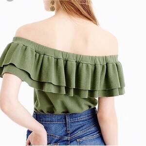 J. Crew Knit Top Womens Size Large Green Striped Off the Shoulder Ruffle Stretch